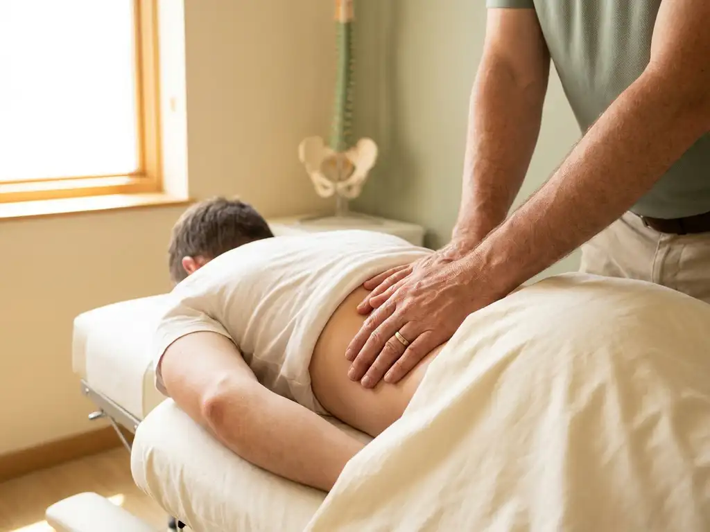 Chiropractor die met beide handen de lage rug van een patiënt behandelt tijdens spinale decompressietherapie op een witte behandeltafel.