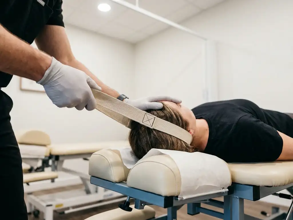 Chiropractor die een Y-strap apparaat gebruikt op de cervicale wervelkolom van een patiënt op een behandeltafel.