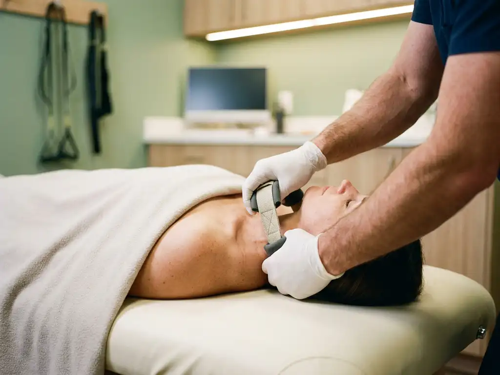 Chiropractor past Y-strap toe op cervicale wervelkolom van patiënt tijdens behandeling in moderne kliniek.
