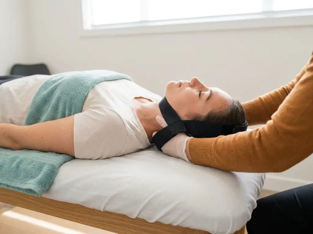 Chiropractor die een Y-strap apparaat toepast op de nek van een patiënt tijdens een wervelkolom behandeling.