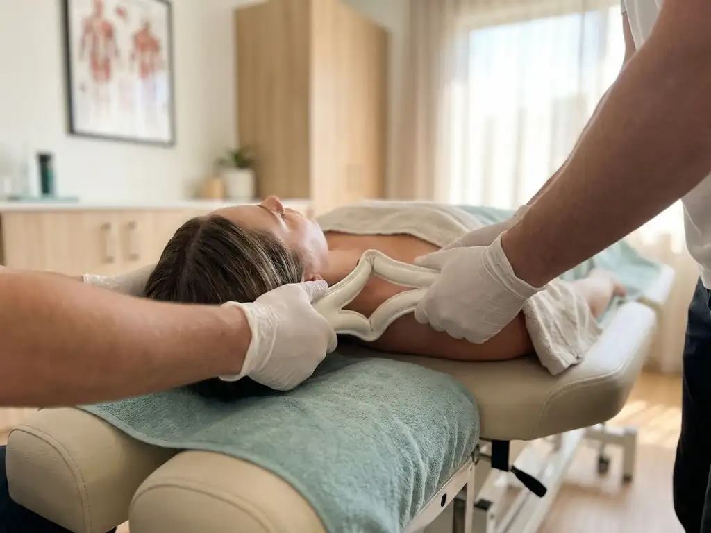 Chiropractor met handschoenen die een witte Y-strap aanlegt bij de nek van een patiënt op een behandeltafel.
