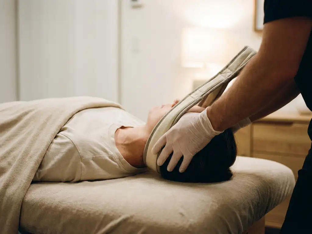 Chiropractor past Y-strap toe op de nek en bovenrug van een patiënt tijdens een spinale tractiebehandeling.