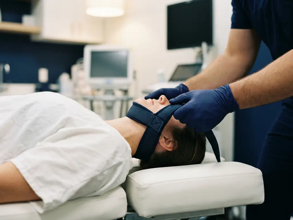 Chiropractor met blauwe handschoenen die een y-strap apparaat vasthoudt op de nek van een patiënt tijdens spinale tractie.