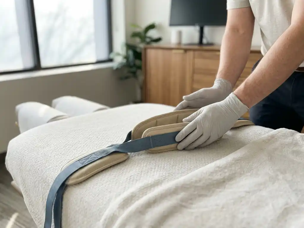 Chiropractor houdt een y-strap tractieapparaat vast op een behandeltafel in een moderne kliniek.