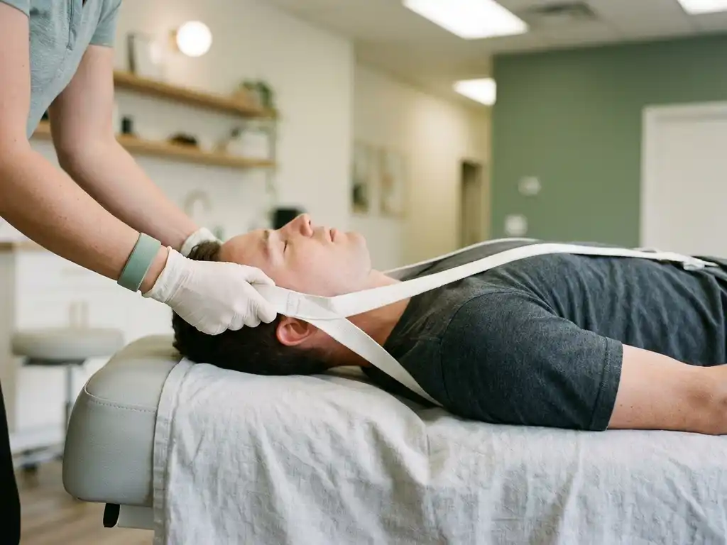 Chiropractor past Y-strap toe op de wervelkolom van een patiënt die op een behandeltafel ligt tijdens een chiropractie sessie.