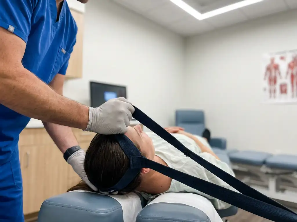 Chiropractor die een Y-strap apparaat gebruikt op een patiënt tijdens spinale tractie op een behandeltafel.