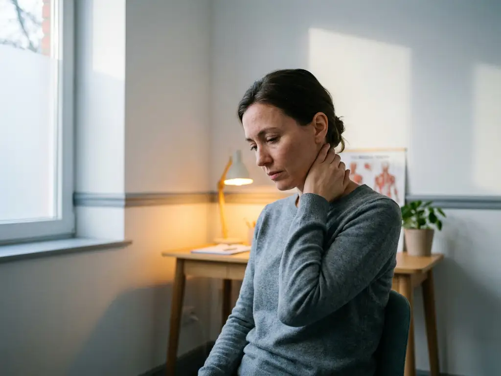Persoon houdt hand tegen nek in klinische behandelkamer, subtiele spierspanning zichtbaar bij nekklachten consult.