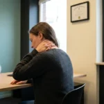 Persoon aan bureau met gespannen schouders en hand op nek in warme, klinische consultatiruimte met natuurlijk licht.