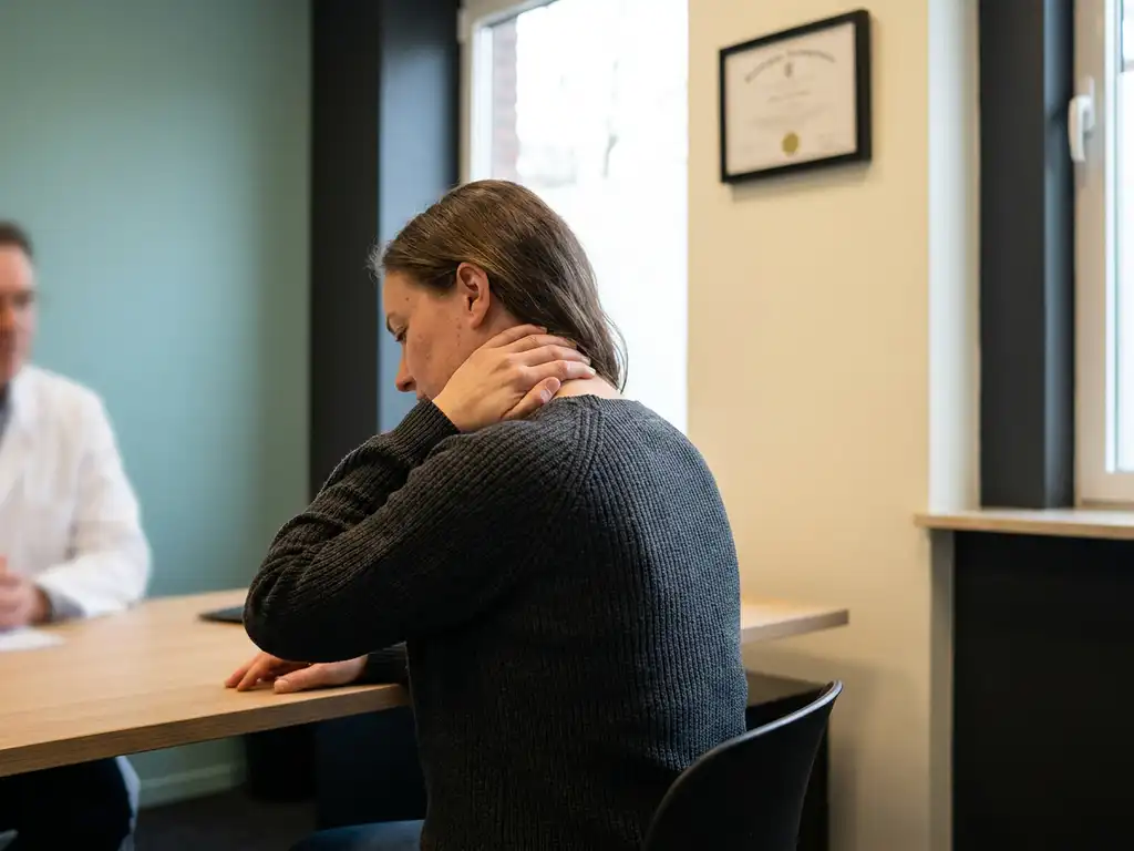 Persoon aan bureau met gespannen schouders en hand op nek in warme, klinische consultatiruimte met natuurlijk licht.