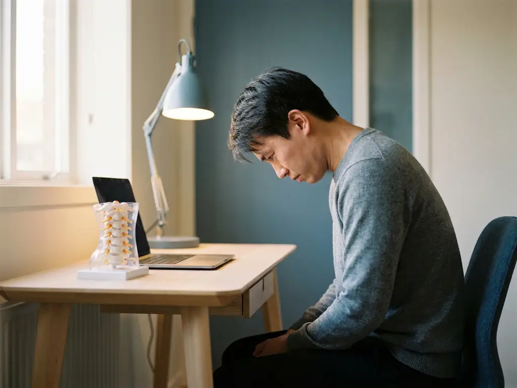 Persoon aan modern bureau met voorovergebogen hoofd en gespannen nek, cervicale wervelkolom model op bureau, zachte kantoorverlichting.