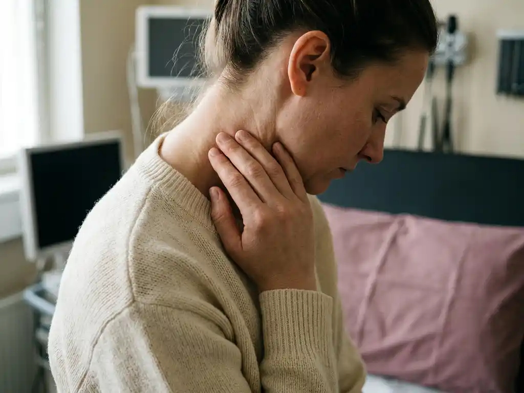 Persoon die vingertoppen tegen de basis van de schedel drukt vanwege nekpijn, gespannen cervicale spieren zichtbaar, zachte klinische omgeving.
