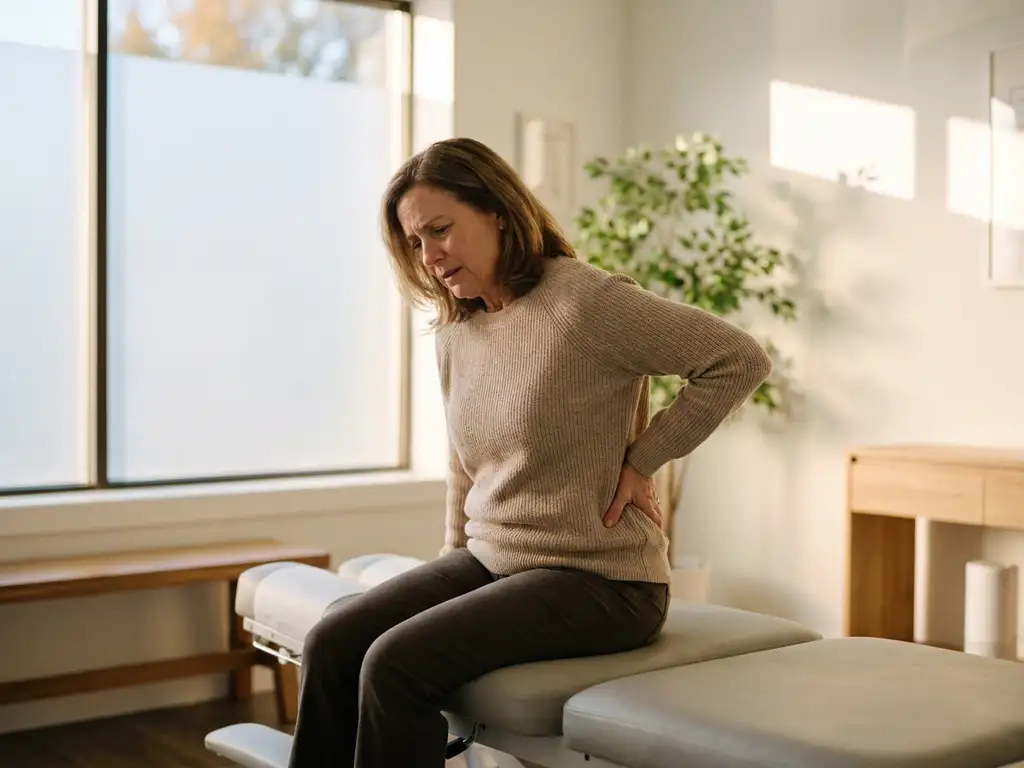 Persoon op behandeltafel met hand op lage rug, licht voorovergebogen van pijn, in moderne chiropractische praktijk.