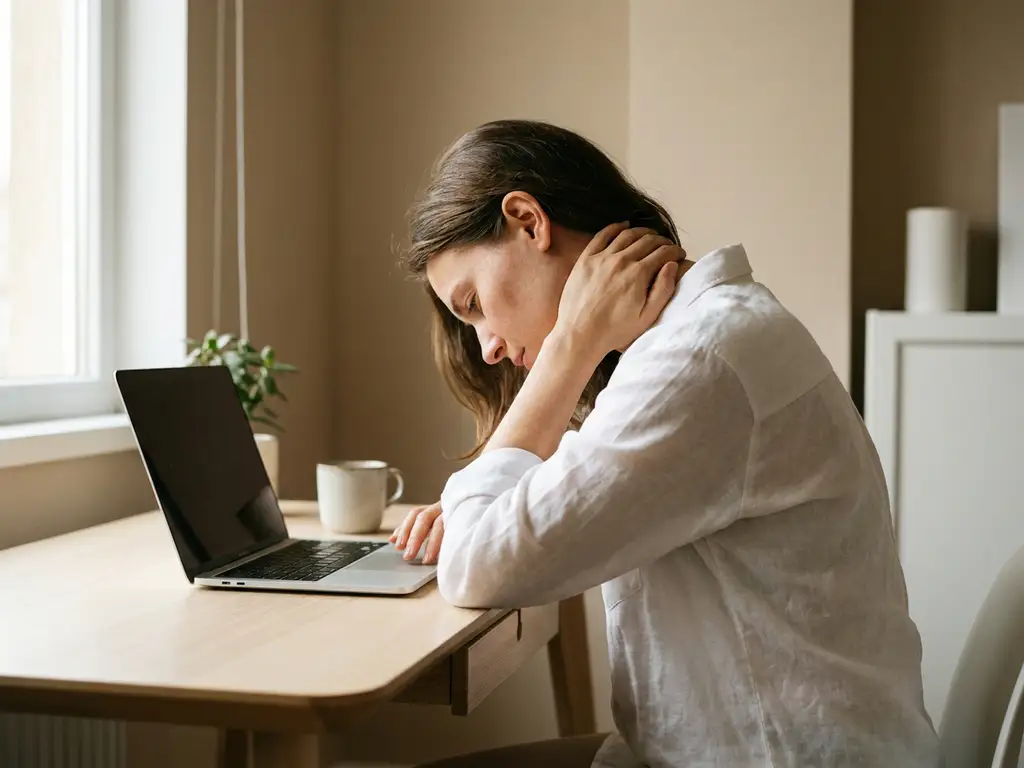 Persoon met gebogen houding aan bureau die nek inwrijft door langdurig laptopgebruik, zacht natuurlijk raamlicht.