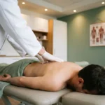 Chiropractor voert wervelkolommanipulatie uit op patiënt die op behandeltafel ligt, moderne klinische omgeving.
