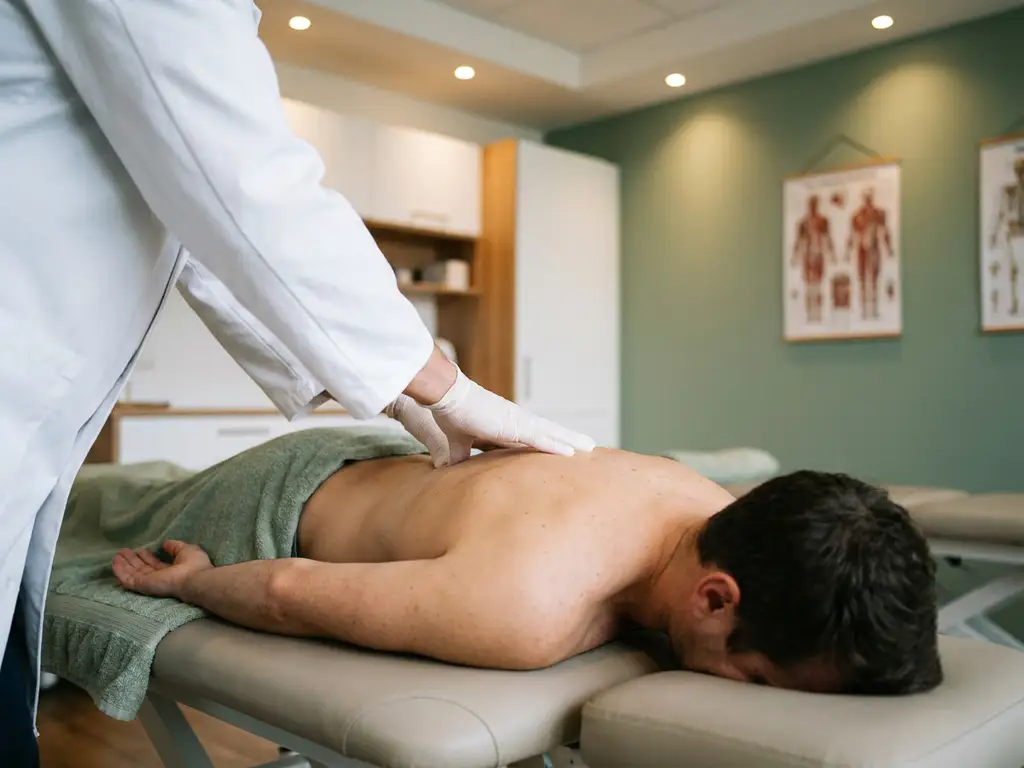 Chiropractor voert wervelkolommanipulatie uit op patiënt die op behandeltafel ligt, moderne klinische omgeving.