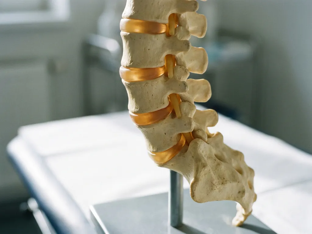 Anatomisch wervelkolommodel met focus op de lumbale regio, verlicht door zijdelings klinisch licht op witte ondergrond.
