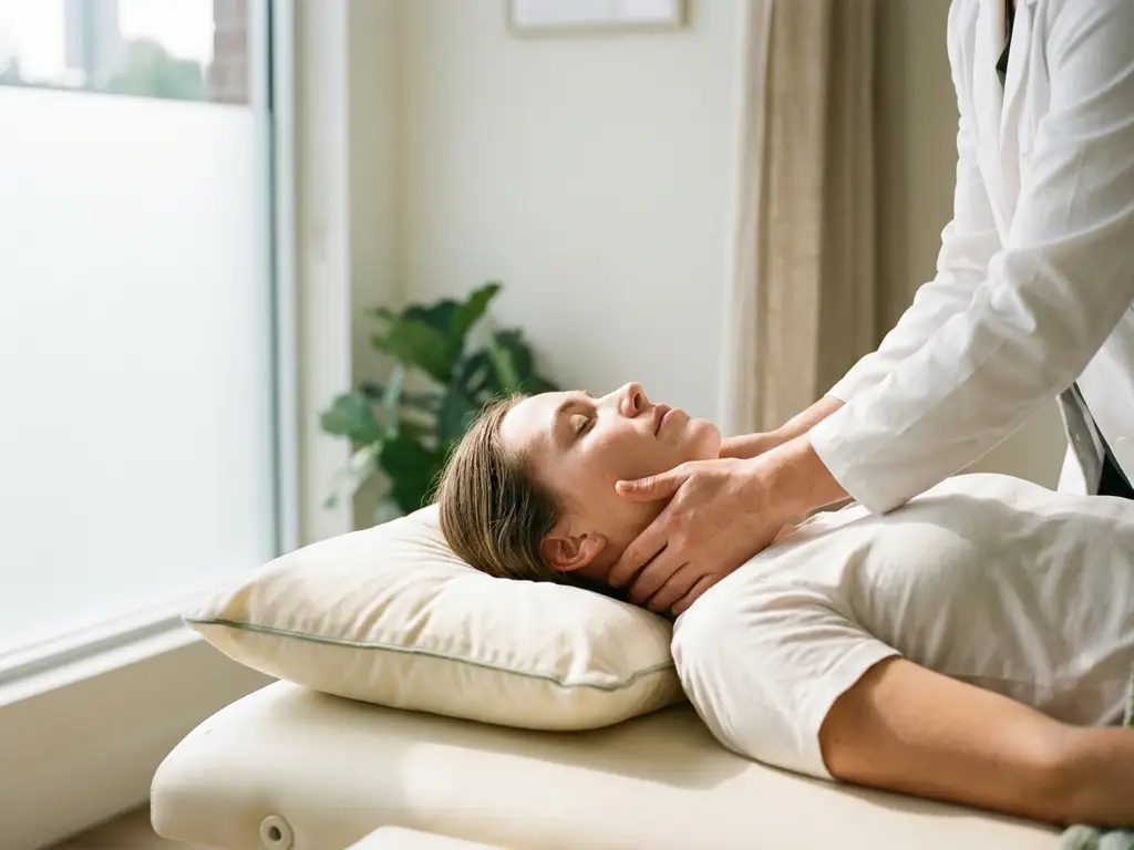 Chiropractor past cervicale wervelkolom aan van ontspannen patiënt op behandeltafel, zachte natuurlijke belichting.