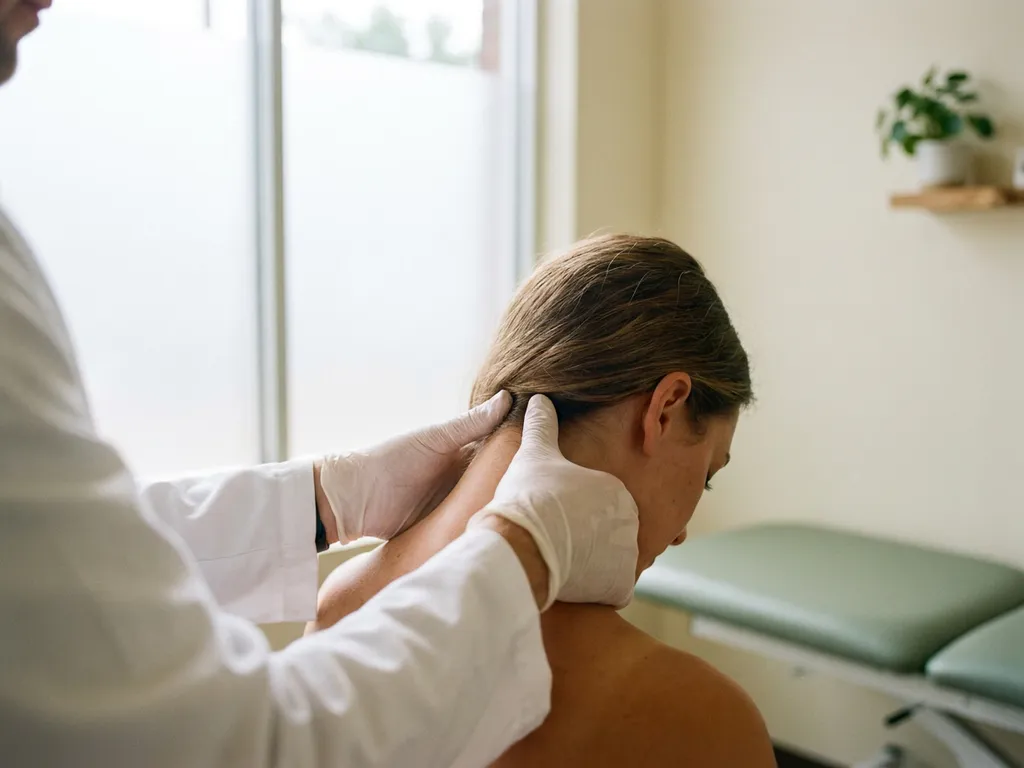 Chiropractor die de cervicale wervelkolom van een patiënt ondersteunt met beide handen in een witte behandelkamer.