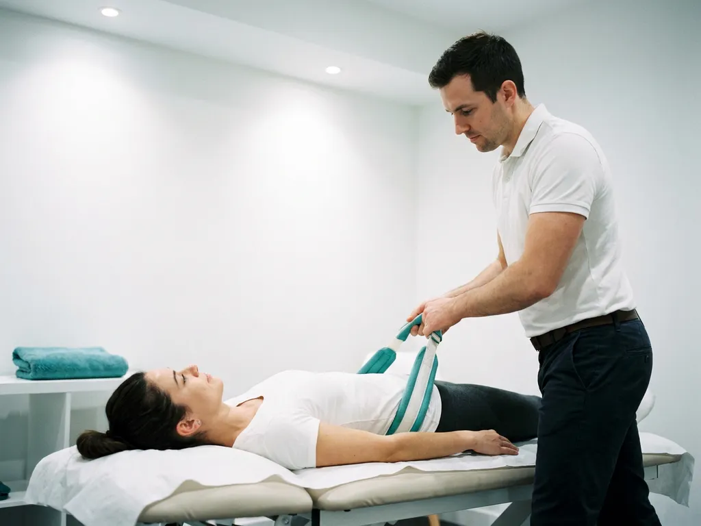 Chiropractor past Y-strap spinale decompressie toe op patiënt op behandeltafel, zachte tractie langs de cervicale wervelkolom.