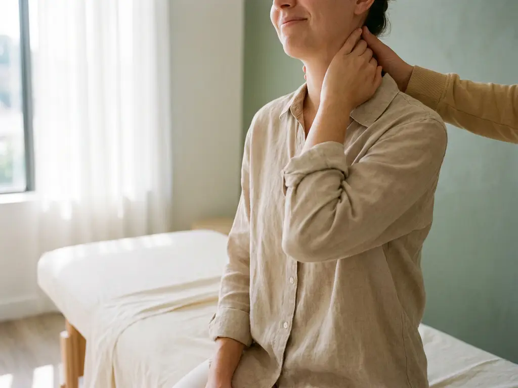 Persoon die nek vasthoudt op behandeltafel in moderne chiropractische kliniek, zachte natuurlijke belichting.