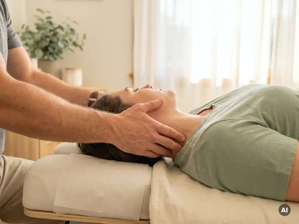 Chiropractor die een cervicale wervelkolommanipulatie uitvoert op een patiënt op een behandeltafel, close-up van nek en bovenrug.