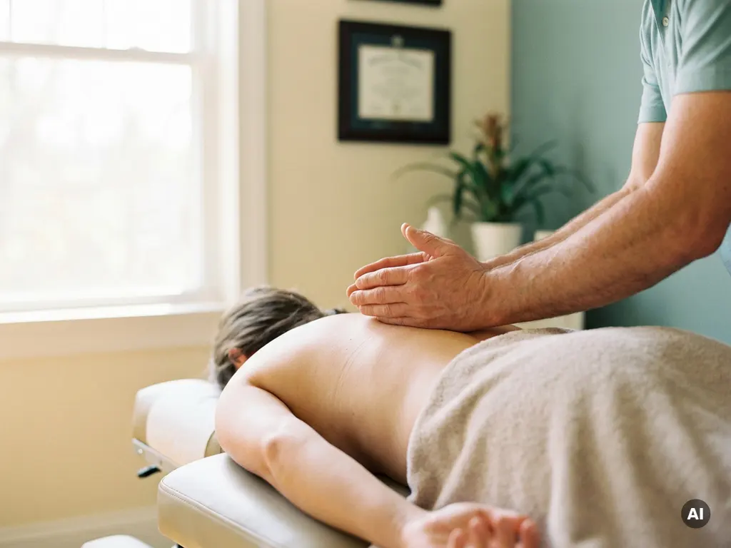 Chiropractor legt handen zacht op de bovenrug van een ontspannen patiënt tijdens een wervelkolombehandeling in een rustige kliniek.