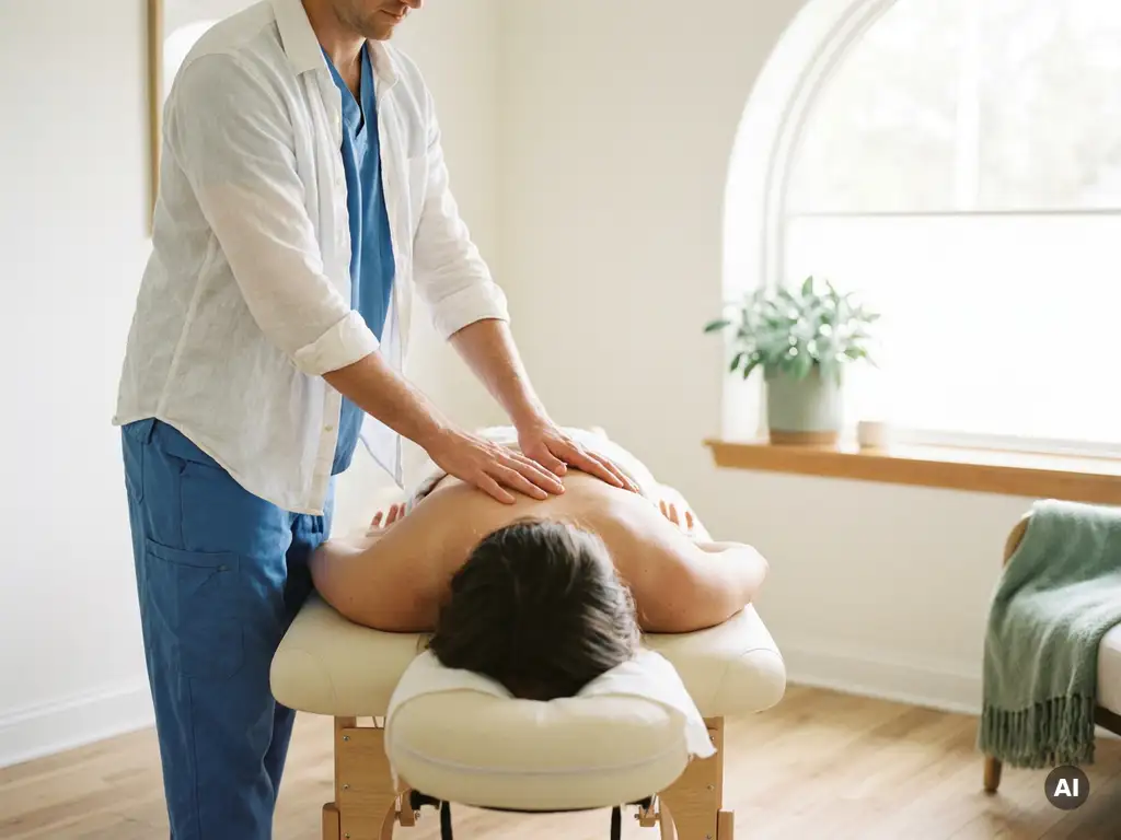 Chiropractor voert een wervelkolomonderzoek uit op een patiënt op een behandeltafel in een lichte klinische ruimte.