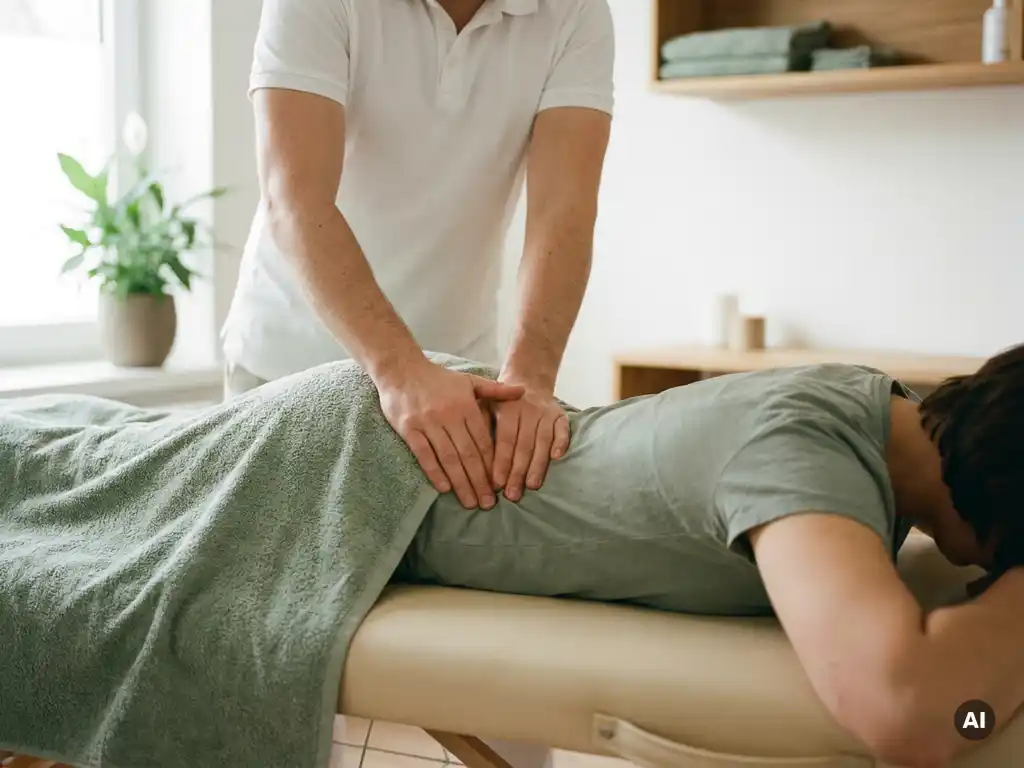 Chiropractor die met beide handen een lumbale wervelkolomaanpassing uitvoert bij een patiënt op een behandeltafel.