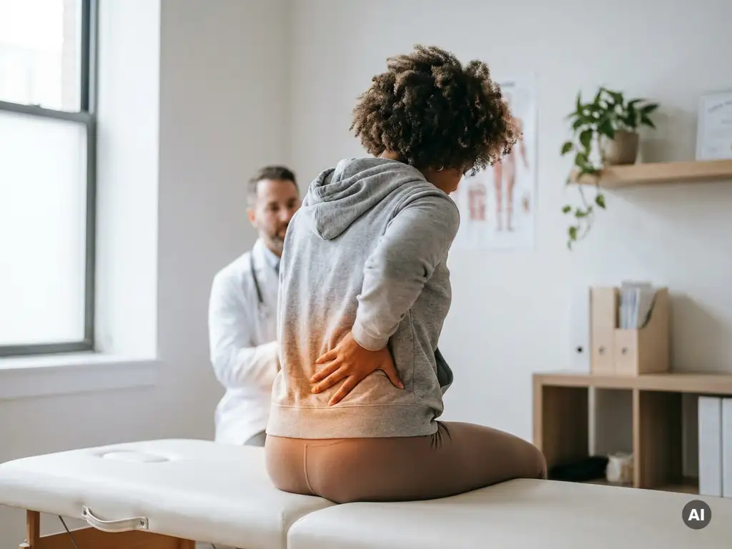 Persoon op onderzoektafel die lage rugpijn aanraakt in chiropractische kliniek, warme amberkleurige tonen benadrukken het pijngebied.