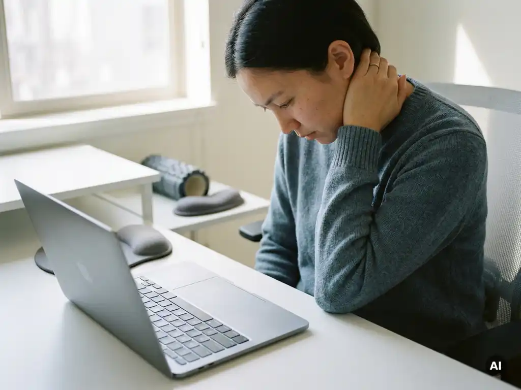 Persoon aan modern bureau met laptop die gespannen nek masseert, zacht natuurlijk raamlicht, ergonomische werkplek.
