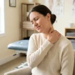 Persoon met gesloten ogen drukt vingertoppen op nek en schouder bij nekpijn, zachte klinische chiropractische omgeving.