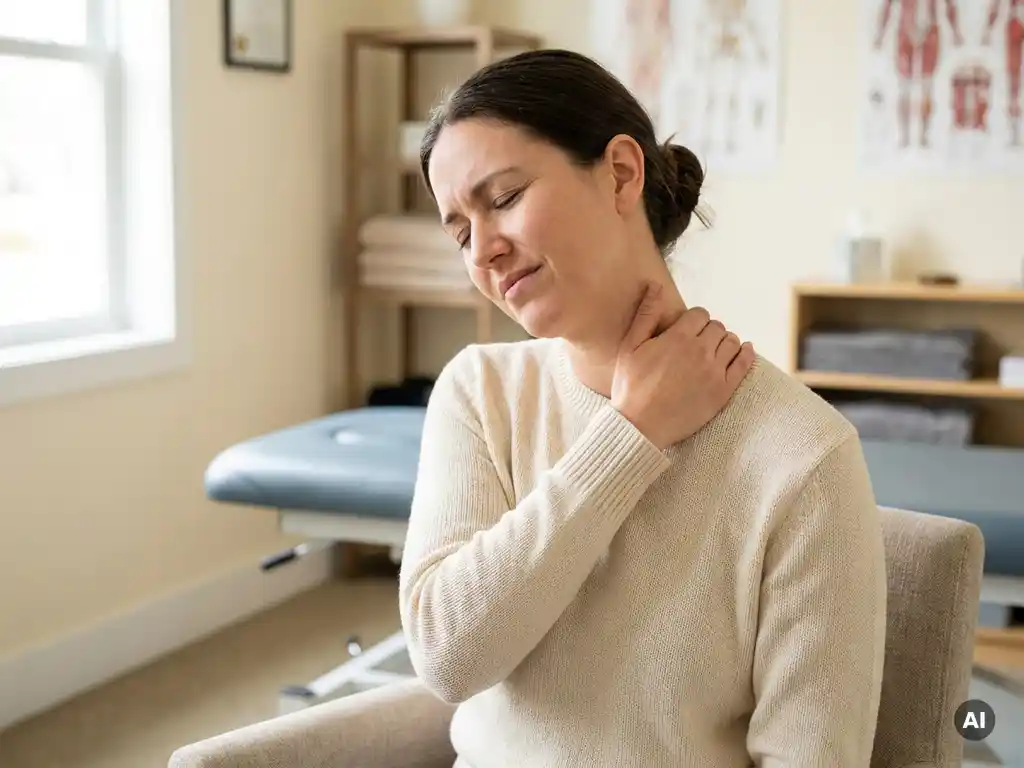 Persoon met gesloten ogen drukt vingertoppen op nek en schouder bij nekpijn, zachte klinische chiropractische omgeving.