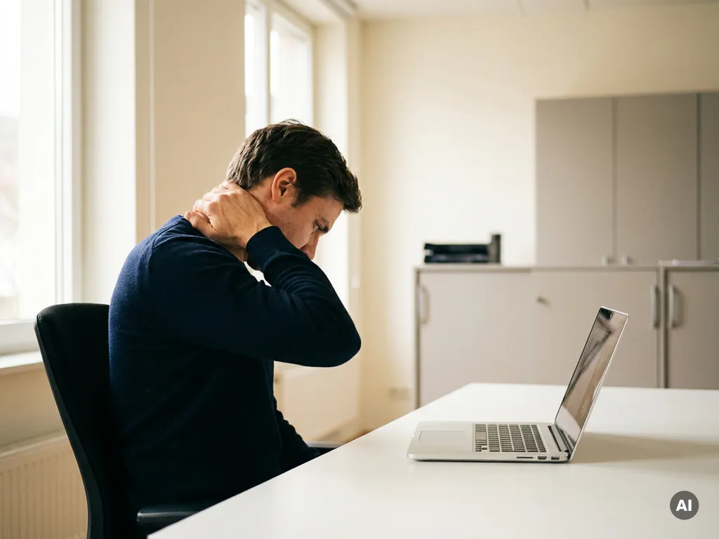 Persoon aan modern bureau met gespannen nek en voorovergebogen hoofd naar laptopscherm, hand naar achterhoofd reikend.