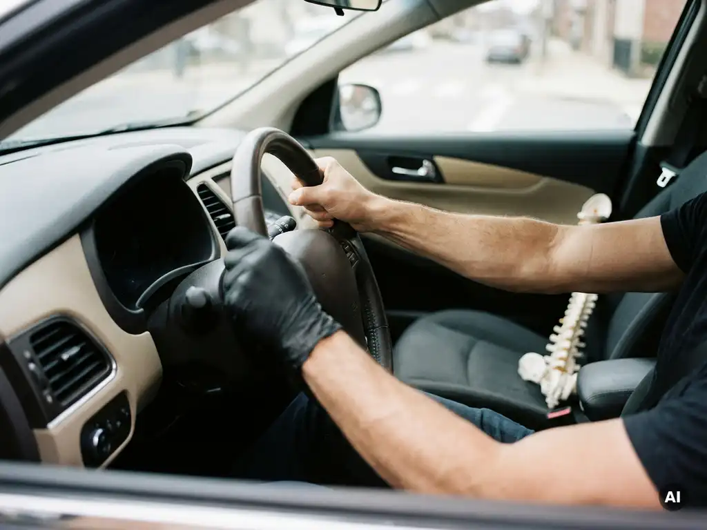 Bestuurder met lage rugpijn achter het stuur, anatomisch wervelkolommodel op passagiersstoel, modern auto-interieur.