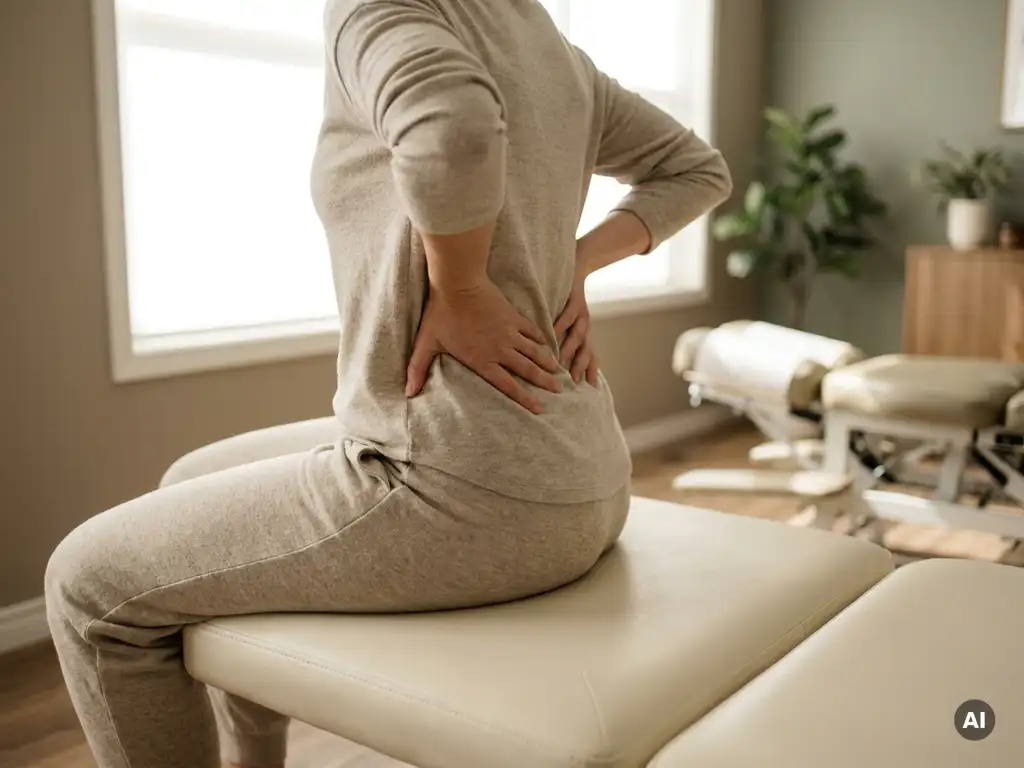 Persoon op behandeltafel met handen op de onderrug in een rustige chiropractische praktijk met warme, neutrale tinten.