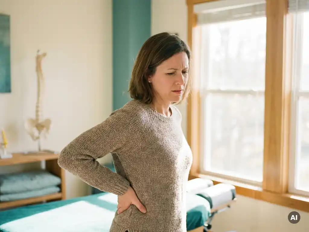 Persoon met hand op lage rug van pijn in chiropractische behandelkamer met wervelkolommodel op de achtergrond.