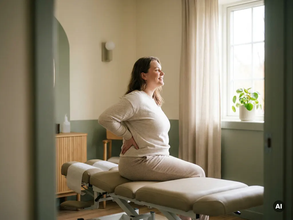 Persoon op behandeltafel met handen op onderrug, zichtbaar verlichting ervarend in moderne chiropractische praktijk met warm natuurlijk licht.