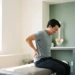Persoon met rugpijn op onderzoektafel in chiropractische praktijk, handen op onderrug, wervelkolommodel op achtergrond.
