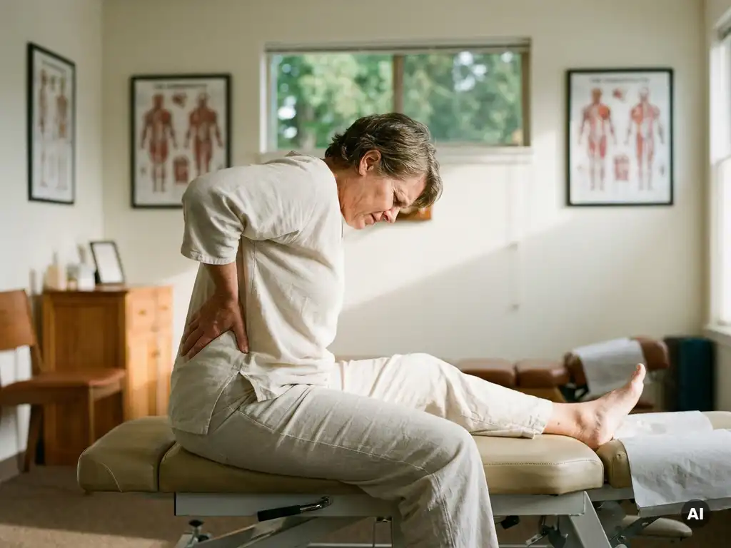 Persoon op behandeltafel met hand tegen lage rug, uitstralende pijn naar been, in moderne chiropractische kliniek.
