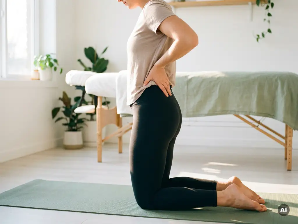 Persoon in sportkleding die zich uitstrekt op een yogamat en een hand tegen de onderrug houdt, in een lichte behandelkamer.