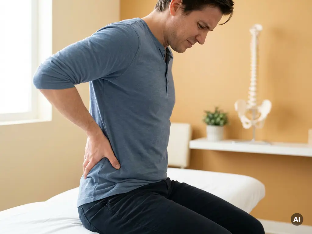 Persoon op behandeltafel met hand op onderrug, anatomisch wervelkolommodel op achtergrondplank, uitstralende beenpijn suggestie.