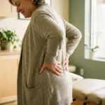 Persoon die handen op de lage rug drukt in een chiropractische behandelkamer, met een gevoel van verlichting bij rugpijn.