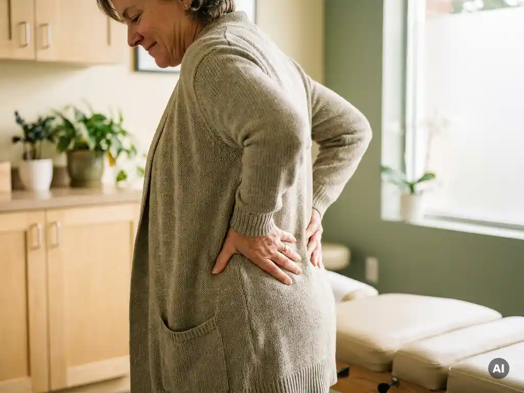 Persoon die handen op de lage rug drukt in een chiropractische behandelkamer, met een gevoel van verlichting bij rugpijn.