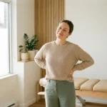 Persoon met handen op onderrug in verlichte chiropractische kliniek met witte muren en houten accenten.