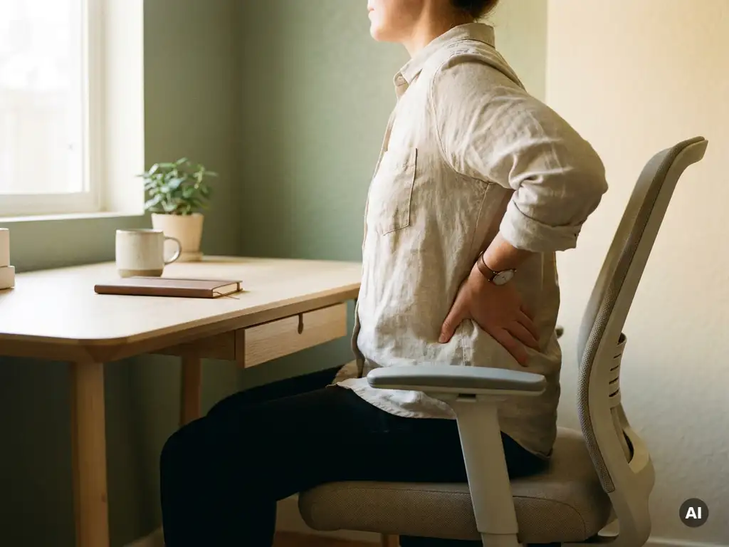 Persoon zit rechtop aan houten bureau met hand op onderrug, ergonomische werkplek met natuurlijk licht en rustgevende tinten.