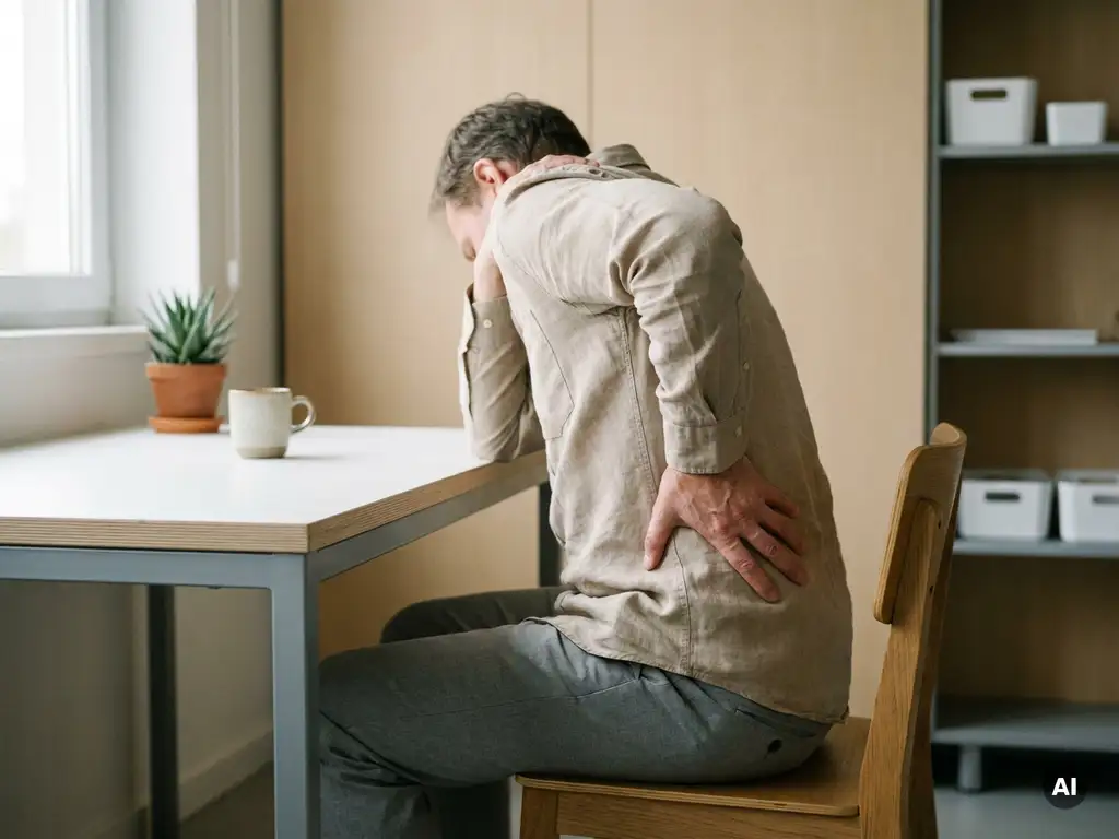 Persoon aan klinisch bureau met opgetrokken schouders en hand op lage rug, zichtbare spierspanning in natuurlijk licht.