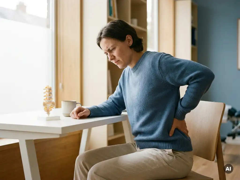 Persoon aan modern bureau met hand op lumbale wervelkolom, anatomisch wervelkolommodel op het bureau, zachte natuurlijke belichting.