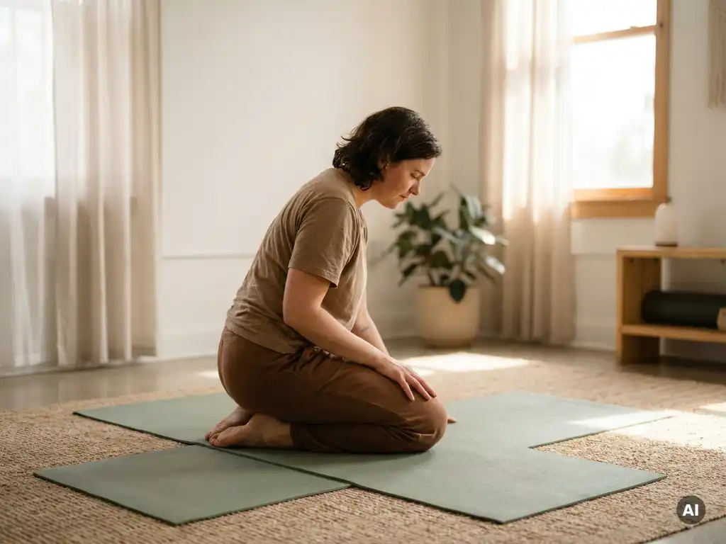 Persoon die een rustige onderrugstrek uitvoert op een yogamat in een lichte, serene ruimte met warm natuurlijk licht.
