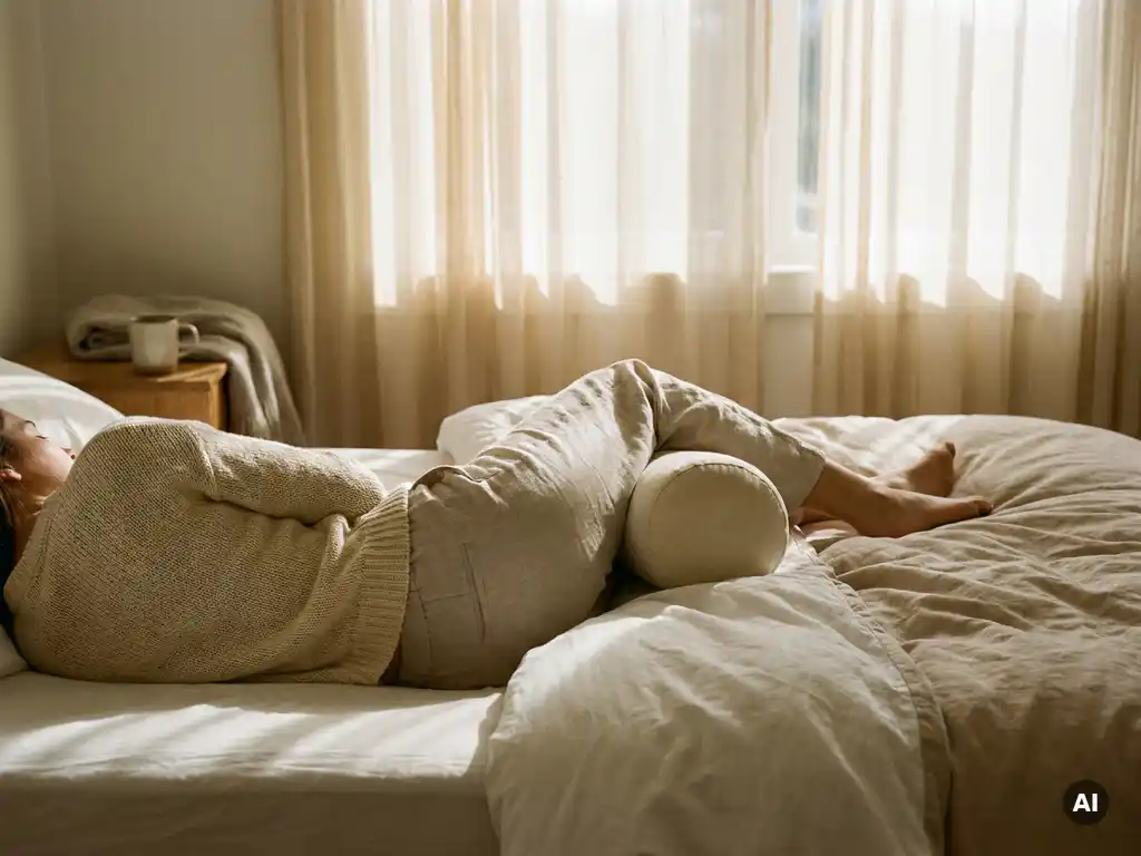 Persoon die op de zij slaapt met een steunkussen tussen de knieën voor rugondersteuning, warm ochtendlicht in slaapkamer.