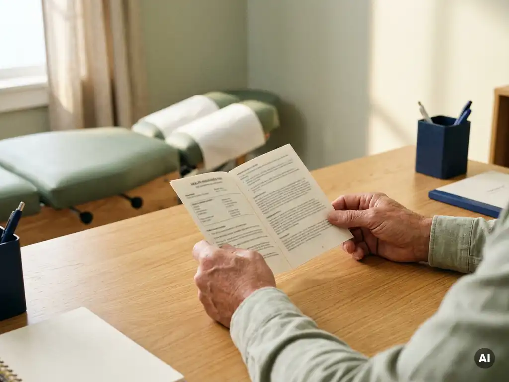 Patiënt bekijkt zorgverzekeringsdocument aan klinisch bureau met chiropractische behandeltafel op de achtergrond.